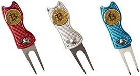 Bitcoin Golf Divot Repair Tool, All-Metal - Golf Accessories - 3- in-1 Golf (Divot Tool, Ball Marker, Club Holder) - Foldable with with Pop-up Button & Magnetic Ball Marker - Red, Silver, Blue