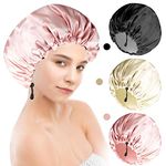 Shower Cap For Women Men 3PCS Shower Caps For Women Waterproof Extra Large Shower Cap Big Lined Rbersea Jumbo Reusable Shower Cap Long Hair Bonnet Set For Kids With Black Gold Pink Bath Cap Adjustable