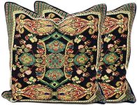 Tache Rococo Elegant Ornate Black Green Paisley Cotton Linen Tapestry Woven Pillow Cover 2-Pieces