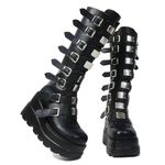 Gothniero High Platform Knee Boots Chunky Heel Wedge Black Boots For Women Combat Goth Punk Motorcycle Booties Zip up With Metal Buckles US5.5-11, Black1, 8