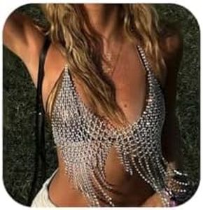 StoneFans Tassel Rhinestone Chest Chain Bra Body Jewelry for women Sexy Silver Bikini Bra Body Chains Underwear Party (Silver1)