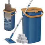 Flat Mop and Buckets Sets,Mops for Cleaning Floors with 6 Microfiber Pads and 138 cm Stainless Steel Handle,Floor Mops with Wringing Function for Cleaning Laminate Tile Marble Hardwood Floors - indigo