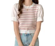 ICW Women's Stretchable Knitted Puff Sleeve Stripe Crop Top T-Shirt (One Size 28-34 Inch Bust) 698 (X-Small, Pink)