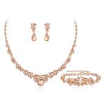 Ever Faith Wedding Crystal Jewellery Sets for Bride Bridesmaid, Glamour Teardrop Rhinestone Necklace Dangle Earrings Bracelet Sets for Women Champagne Rose Gold-Tone