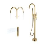 Freestanding Bathtub Faucet Gold, Bathroom Brushed Gold Tub Filler with Sprayer, Free Standing Tub Faucet with Hand Shower, Floor Mount Brass Standing Taps for Bathtub, Robinet De Bain - Huifeidezhu