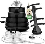 NutriChef Non Stick Cookware Set, 17Pc Pots and Pans Set, Induction Cookware, Cooking Set w/Foldable Knob, Space Saving, Nylon Tools Set & Foldable Steamer Basket