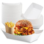 [125 Pack] 5 lb White Paper Food Tray - Grease Resistant Serving Plate, Heavy Duty Paperboard Boat Basket Snack Containers Holds Tacos Nachos Fries Hot Corn Dogs, for Fairs Picnics and Party Supplies