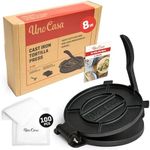 Uno Casa Cast Iron Tortilla Press 8 Inch - Tortilla Maker Press, Pre-Seasoned Roti Maker with 100 Pcs Parchment Paper, Heavy Duty Quesadilla Maker - Pataconera for Flour Tortilla, Tawa