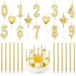 FULANDL 26Pcs Birthday Numeral Candles Set, 10Pcs Number 0-9 Glitter Cake Topper Decoration with 16Pcs Long, Star, Heart Birthday Candles (Gold)