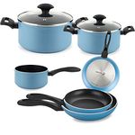 Fagor Maxima Induction Cooking Pot Set 8-Piece Set 2 Cooking Pots 20-24 cm, 2 Glass Lids, 3 Frying Pans 18-20-24 cm, Saucepan 16 cm, Forged Aluminium, Non-Stick Coating Without PFOA, Blue