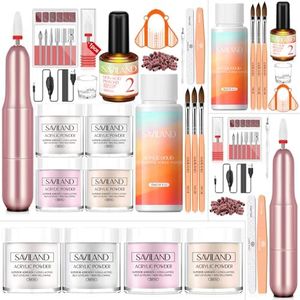 SAVILAND Acrylic Nail Kit - Drill & Acid-free Primer, Clear White Pink Nudes Powder & Liquid Set, Brushes, DIY Nail Extension Gifts for Beginners"