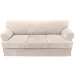 H.VERSAILTEX Sofa Cover 4 Piece T Cushion Sofa Slipcovers Thick Velvet Couch Cover Furniture Protector Stretch T Cushion Sofa Covers for 3 Cushion Couch with 3 Individual T Cushion Covers, Ivory