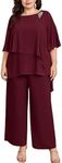 Hanna Nikole two-piece suit women plus size pants suit bat sleeves cape sleeves rhinestone loose round neck chiffon shirt high waist elegant high waist long pants wine red 20 Plus