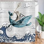 ASDCXZ Shower Curtain Funny 240x180 cm, Cats Ride Whales Sea Wave Washable Funny Textile Bathroom Curtains Polyester Waterproof Shower Curtains for Bathtub with 12 Shower Curtain Hooks