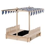 Outsunny Kids Wooden Sand Pit with Lids Children Sandbox Height Adjustable Canopy for Garden, Convertible Bench Seat Outdoor Backyard Playset, Blue and White Canopy