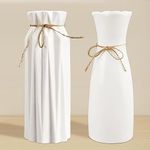 KITERI 2 Pcs White Ceramic Ribbed Vases, 7.9inch Dried Flower Vase Decorative Flowers Vase Matte White Ceramic Vases Pampas Grass Vase for Living Room Accessories Minimalist Modern Home Decor