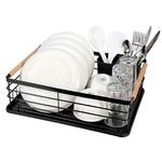 Vinsani Deluxe Dish Drainer Drying Rack with Wooden Handles Drip Tray Draining Board and Removable Cutlery Holder, Minimalist Dish Rack, 42.5 x 30.5 x 14cm (Black)