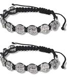 CB Silver Tone Saint Benedict Medal on Adjustable Black Cord Wrist Bracelet, 8 Inch, Pack of 2