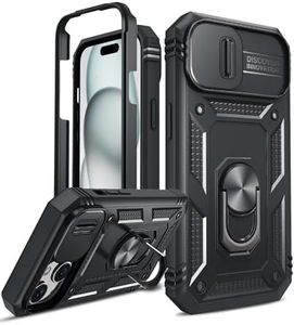 LeYi Funda para iPhone 15 Plus 6.7'': (NO Protector de Pantalla) Carcasa Cubierta de cámara Deslizante Proteger 360 Full Protección Anillo Soporte Bumper Case para iPhone 15 Plus,Negro