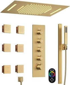 GRANDJOY Thermostatic Shower System with 6 Body Jets, 23" x 15" Ceiling Waterfall Faucet Set with Handheld Sprayer & 64 Led Light, Brushed Gold