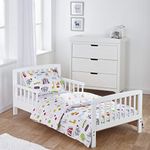 ELEGANT BABY Complete 7 Piece Kids White Toddler Bed Bundle with Spring Mattress and Circus Friends Reversible Bedding Set | Junior Bed and Children's Bed