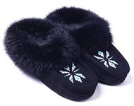 Women Moccasin Slippers Indoor,Leather Suede,Soft Sole,Fleece,Rabbit Fur,Slip On House Shoes,Black 9 B(M) US