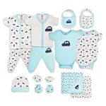 LuvLap Infant Baby Cotton Newborn Baby Gift Set Of 13,2 Half Sleeve Jhabla,2 Rompers,2 Pyjama,Cap,Mittens,Socks,A Washcloth,A Hooded Wrapper,2 Bibs,Soft Skin Friendly Baby Clothes Set 0-3 M,Sky Blue