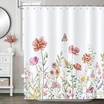 Bonhause Spring Floral Shower Curtain Red Flower Wildflower Green Leaves Bathroom Curtain 180 x 180 cm Waterproof Mildew & Mould Resistant Polyester Fabric Bath Curtain with 12 Hooks