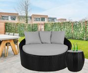 BRISHI Outdoor Patio Round Daybed/Sunbed/Swimming Pool Side/Sun Lounger/Garden/Terrace/Balcony/Wicker and Rattan Daybed (Black/Grey)