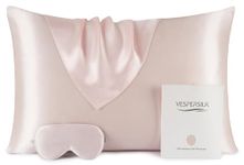 Vespersilk 100% Pure Mulberry Silk Pillowcase for Hair and Skin, with Eye Mask for Sleeping. Genuine Grade 6A Silk Both Sides, 600 Thread Count, with Hidden Zipper (Standard 50x75cm, Pink)