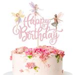 ZHUOWEISM 1 PCS Fairy Happy Birthday Cake Topper Glitter Garden Floral Fairies Cake Pick for Fairy Theme Happy Birthday Baby Shower Party Cake Decorations Supplies Pink