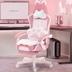 Dowinx Gaming Chair Cute with Cat Ears and Paw Lumbar, Ergonomic Computer Chair for Girl with Footrest and Headrest, Comfortable Reclining Game Chair 290lbs for Adult, Teen, Pink