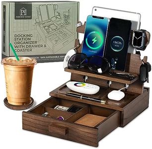 Wood Phone Docking Station for up to 3 Phones - Nightstand Organizer with Drawer for Valuables for Men & Women, Apple Watch Compatible, Holds Phones, Tablets, Keys, Rings, Glasses, Watches, EDC & More