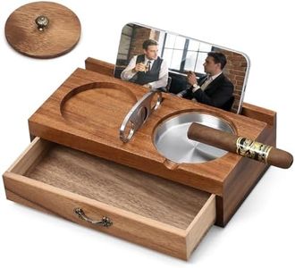 Joyoldelf Cigar Ashtray with Whiskey Glass Holder – Wooden Cigar Ashtray with Phone Tablet Stand, Cigar Cutter and Drawer, Walnut Wood Cigar Accessories Desk Set for Men Home Decor Gift