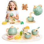 MINNOT Tea Party Set for Little Girls, Wooden Tea Set Toys for Girls Age 3 4 5 6 7 Year Old, Toddler Kids Kitchen Pretend Play Toys for Girls