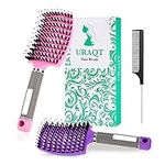 URAQT Hair Brush, 2 Pcs Boar Bristle Paddle Hairbrush with Tail Comb, Soft Massage Vent Brush for Men Women, Detangle Hair Brush for Long Thick Curly Hair, Reducing Hair Breakage (Pink & Purple)