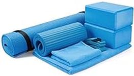 Signature Fitness 7-Piece Yoga Set - Include Yoga Mat with Carrying Strap, 2 Yoga Blocks, Yoga Mat Towel, Yoga Hand Towel, Yoga Strap and Yoga Knee Pad, Blue