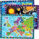 Jigsaw Puzzles for Kids 3 4 5 Year Olds - 3 Set 100 Piece Puzzles for Children to Learn World Map of Europe and Space - Educational Toys for Boys & Girls Age 6 7 9