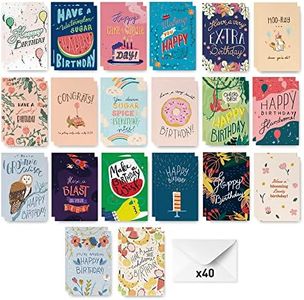 Rileys & Co Surtido de tarjetas de cumpleaños, ilustrado a mano, sobres incluidos, paquete de variedades a granel (paquete de 40)
