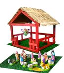 MDT India Holy Christmas Crib Decoration Combo - Nativity Set (3.5 Inch 18 Piece) + Green Mat (2 x 1.5 Feet) + Foldable Hay Roof Wooden Crib House