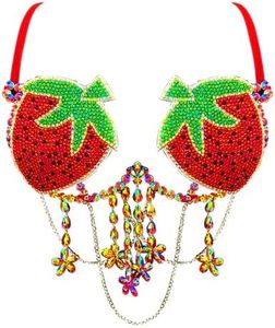 Neva Nude Sweet As A Strawberry Beaded Crystal Jewel Carnival Bra for Raves and Festivals, Adjustable, Handmade in USA (Small)