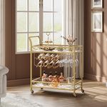 IDEALHOUSE Gold Bar Cart, 2 Tier Bar Carts for The Home, Bar Carts with 4 Wheels, White Marble Finish Wood Shelf , Wine Rack & Glass Holder for Kitchen, Living Room, Dining Room