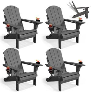 PLUUV Adjustable Folding Adirondack Chair Set of 4, Reclining Patio Chair with Dual Cup Holders, Heavy Duty 350 LBS, All-Weather HDPE Outdoor Lounge Chair for Lawn, Garden, Deck, Fire Pit, Gray