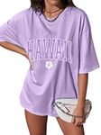 Hawaiian Shirts for Women Flower Shirt Oversized Graphic Tees Tropical Vacation Clothes Summer Vacation Tee, Purple, Large