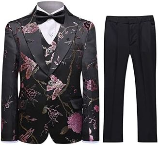 SWOTGdoby Boys Gold Paisley Floral Suit Tuxedo Slim Fit Embroidery 3 Pieces Suit Set Blazer Vest Pants