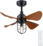 Kviflon Farmhouse Caged Ceiling Fans with Lights Remote Control, 30 Inch Rustic Small Reversible Ceiling Fan 6 Speeds with 2 Downrods for Kitchen Porch Patio Fandelier, E27 Bulb Included