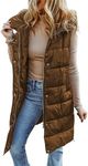 EVALESS Long Puffer Vest Women Fashion Quilted Hooded Sleeveless Zip Up Down Vest Fall 2024 Lightweight Button Down Jacket Winter Warm Gilet Coat Outerwear with Pockets Brown Medium