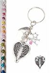 Handmade Personalised Sympathy Angel Wings Keyring Keychain with Star, Feather, Heart Charms, Initial plus Genuine Crystal