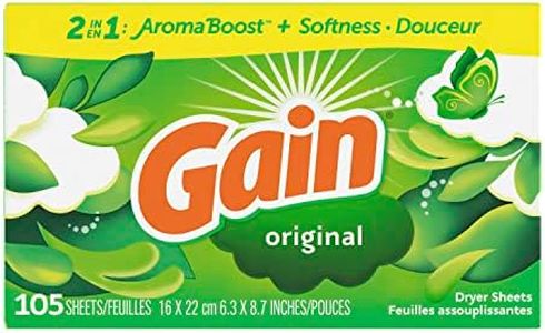 Gain dryer sheets, 105 Count, Original Scent Laundry Fabric Softener Sheets with 2-in-1 Aromaboost Plus Softness