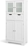 Giantex Floor Storage Cabinet with 4 Doors, Freestanding Bathroom Cabinet with 2 Glass Doors, 2 Drawers & Adjustable Shelves, Multifunctional Storage Organizer Cupboard for Kitchen Living Room, White